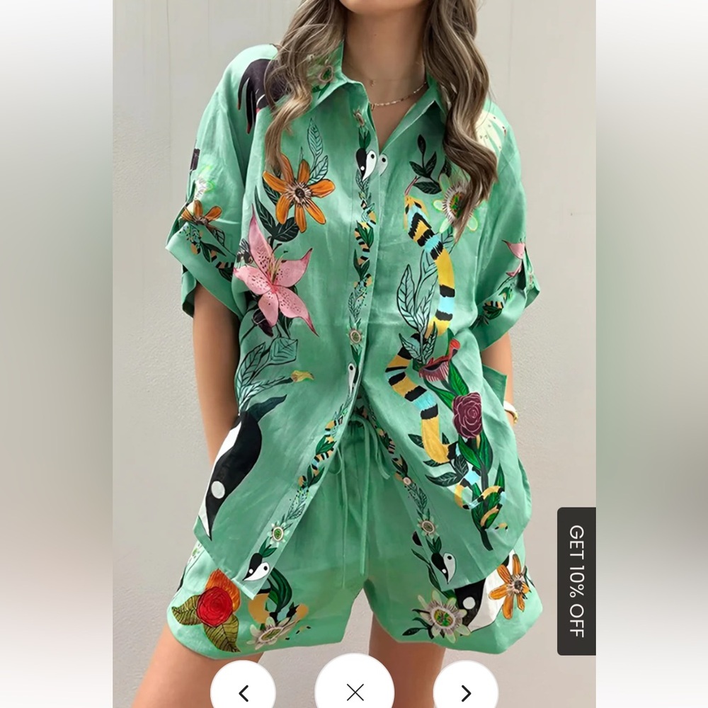 Commense Floral Print Women Shorts Set - Aqua - Sold out.